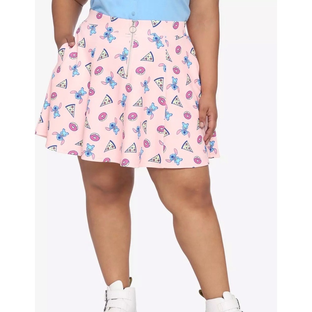 Disney Hot Topic Stitch Pizza Donut Pink Skater Skirt Pockets Plus Size 2 NEW